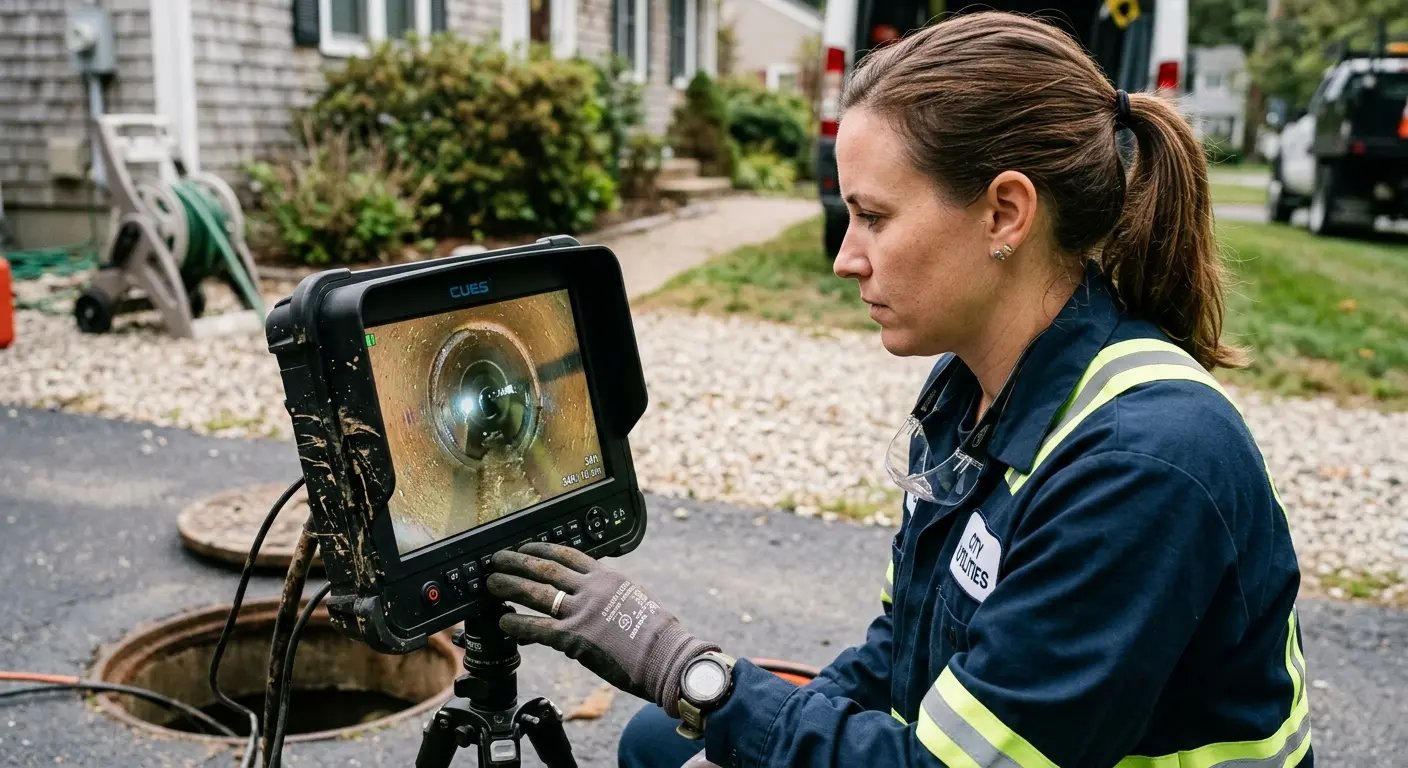 Technician reviewing sewer camera inspection footage in Brea
