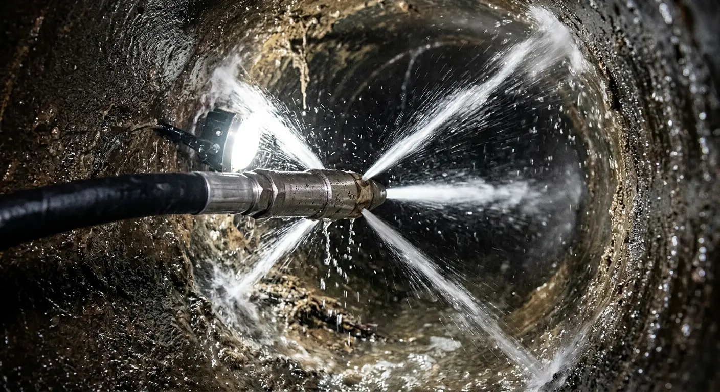 High-pressure hydro jetting nozzle cleaning sewer pipe for Sewer Line Relining in Brea