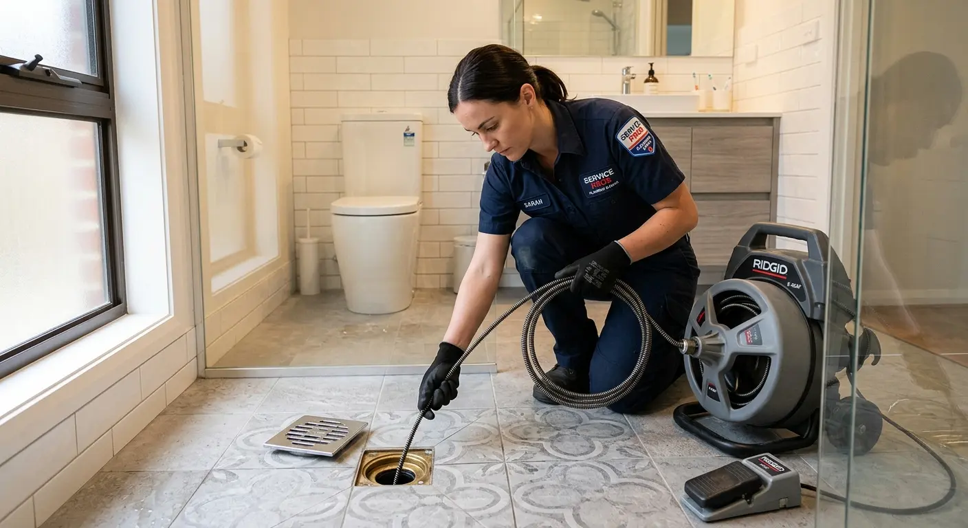 Technician clearing a bathroom floor drain for Sewer Line Installation in Brea